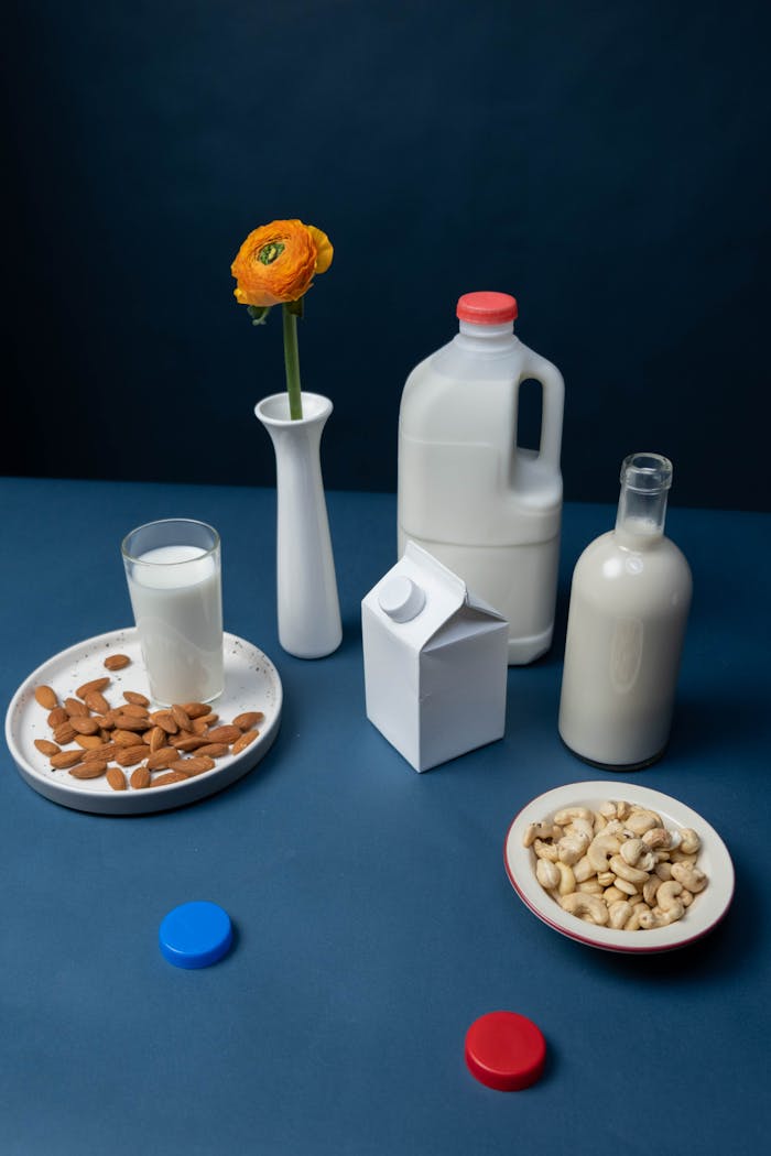 A still life of nut milk varieties with almonds, cashews, and a single flower in a vase.